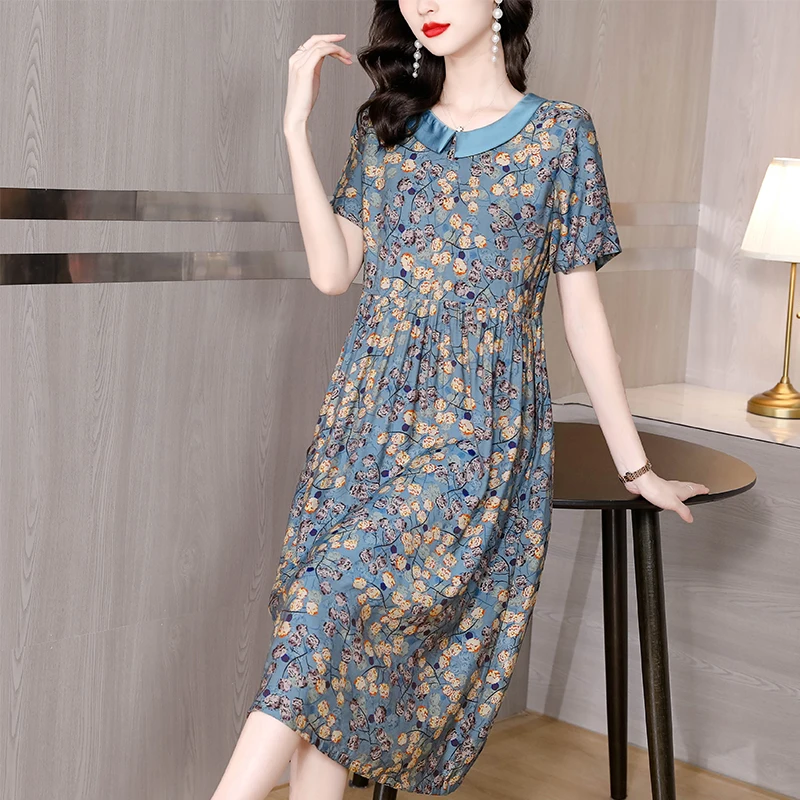 

Women's Silk Satin Short-Sleeved Doll Neck Midi Dress Spring And Summer New Loose Dress 2023 Korean Vintage Hepburn Dress
