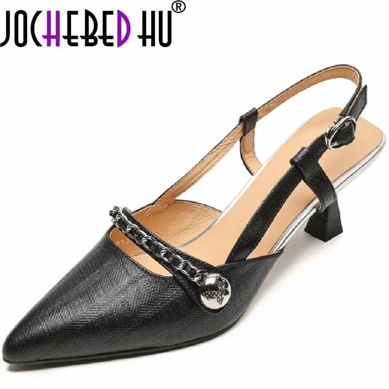 

【JOCHEBED HU】Women's Brand Genuine Leather Shoes Pointed Toe Slim Heel Head Cowhide Baotou Sandals Fashion Sandals with Buckle