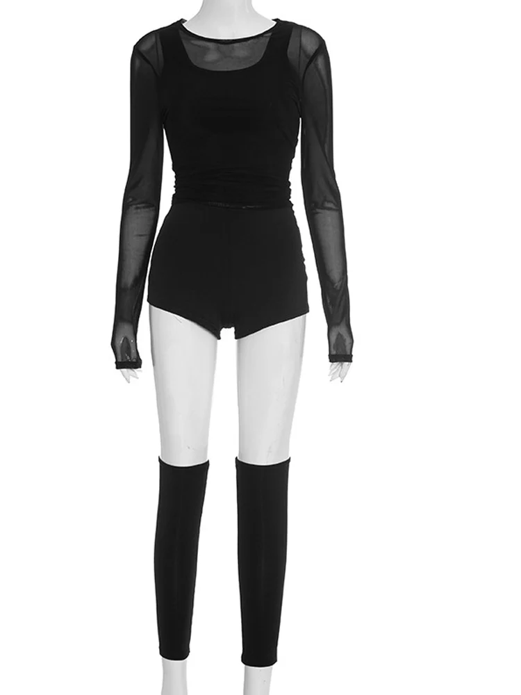 Beyprern المرأة عادية 3 قطعة بقماش شفاف قطعتين الزي المرأة طويلة الأكمام المحاصيل الأعلى + شورت + الفخذ العليا جوارب مجموعة