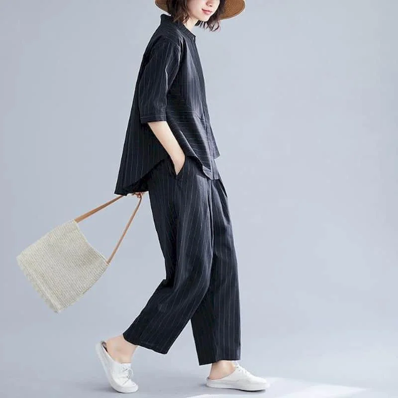 Literature Pants Sets Vintage Half Sleeve Striped Shirts Casual Harem Pants Oversized Korean Style Two Piece Sets Women Outfits