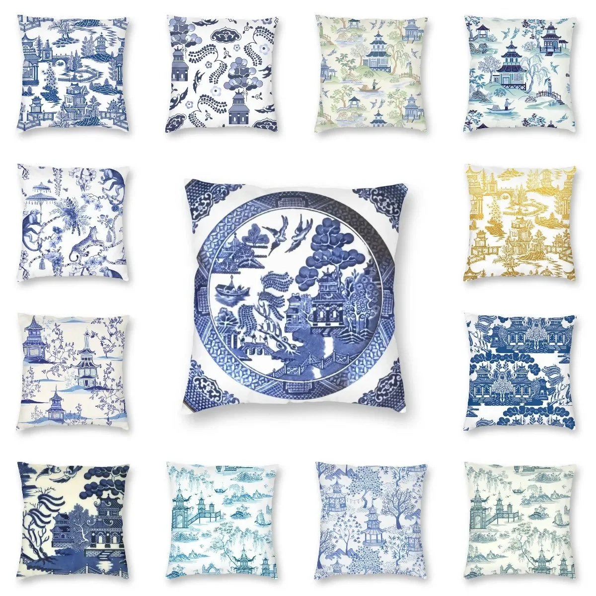 Blue Willow China Cushion Cover 45x45cm Home Decorative 3D Print Blue Delft Chinoiserie Throw Pillow for Sofa Double-sided