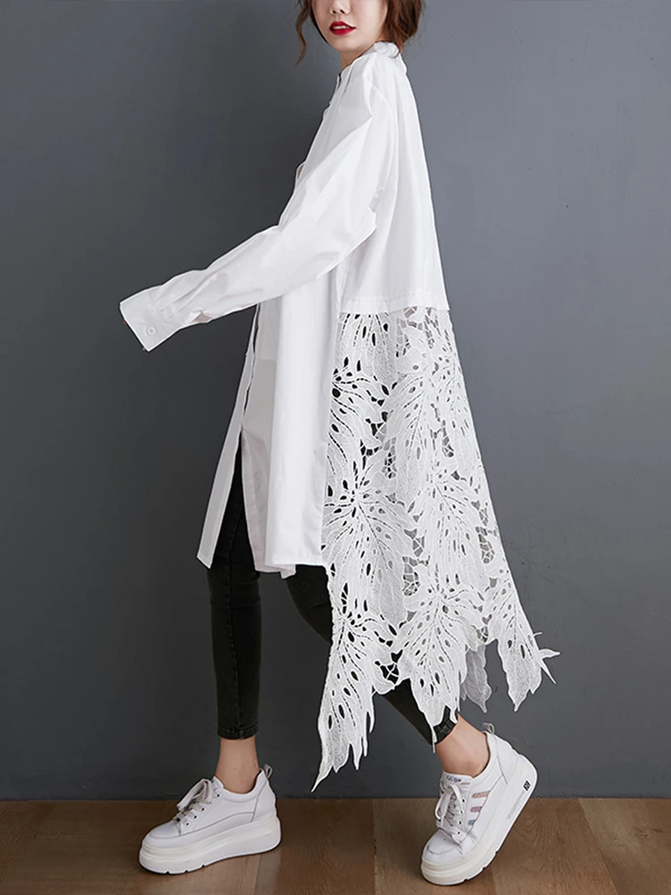 Oversized Hollowed Out Lace Hook Flowe Patchwork Shirt Woman Autumn Loose Casual 2023 Ladies Big Size Irregularity Cotton Shirts