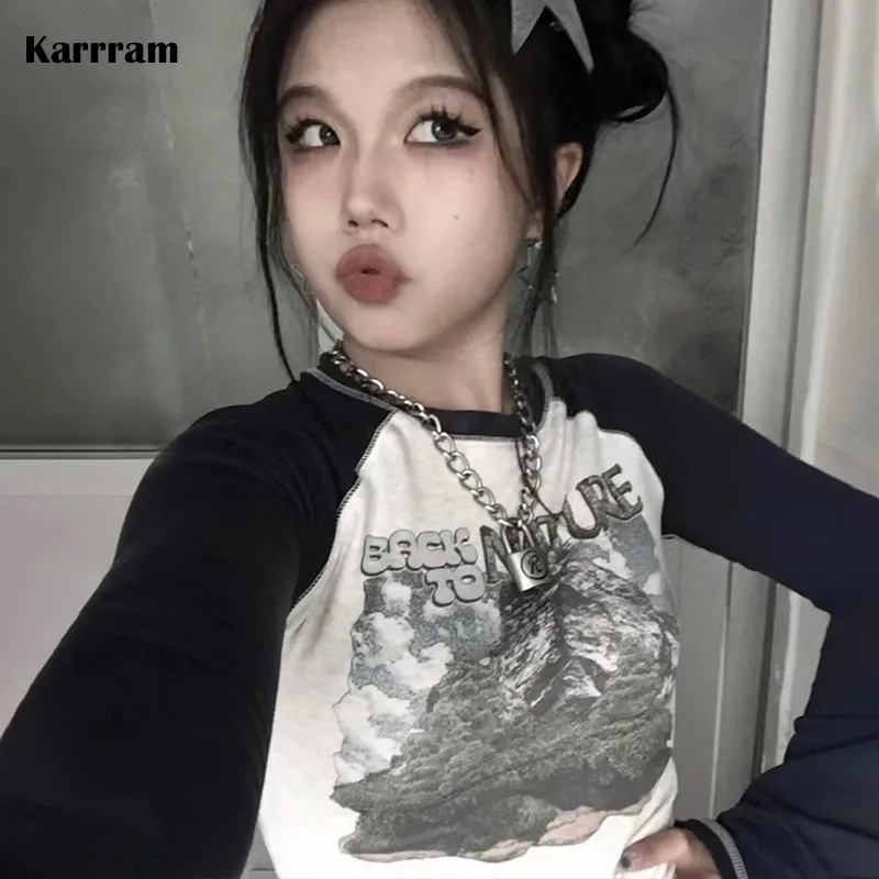 Karrram Y2k Aesthetics Crop Tops Grunge Print Patchwork T-shirt Japanese Harajuku Slim Tee Shirt 2000s Vintage Clothes E-girl