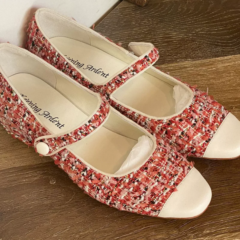 

Tweed Shoes for Ladies Square Toes Low Heels Mixed Colors Mary Janes Shallow Stitching Zapatos Mujer Front Strap Chassure Femme