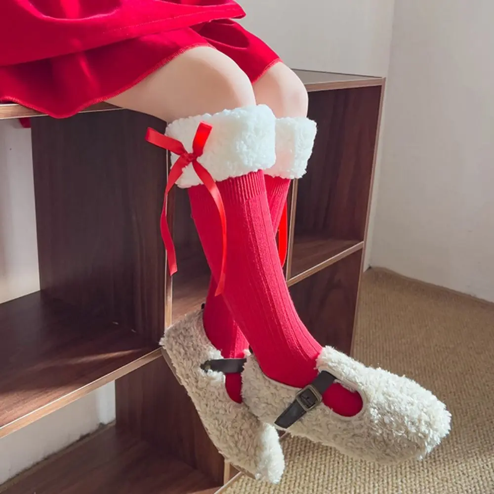 Chaussettes rouges épaisses en coton avec nœud pour femme, bonneterie confortable, chaussettes de couchage pour enfants, hiver, nouvel an