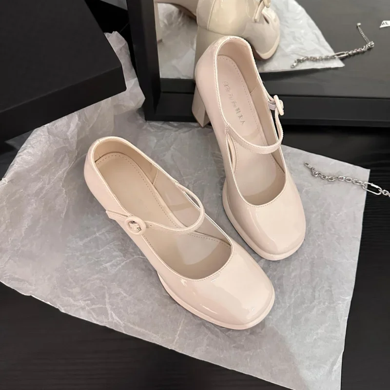 Jane High Heel Chunky Single Shoes Women 2024 Spring Autumn New Retro Shallow  Temperament Mid-heel Women‘s Sandals