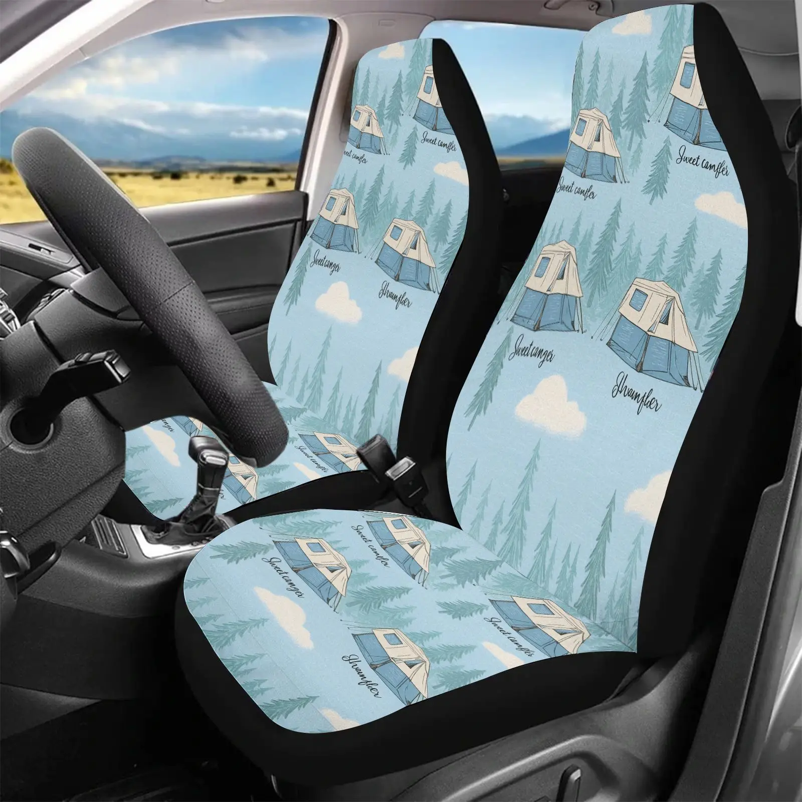 Car Seat Covers | Light Blue Camping Tent And Pine Tree Pattern With Words Good Vibes And Dreamy Place For Outdoor Adventures |