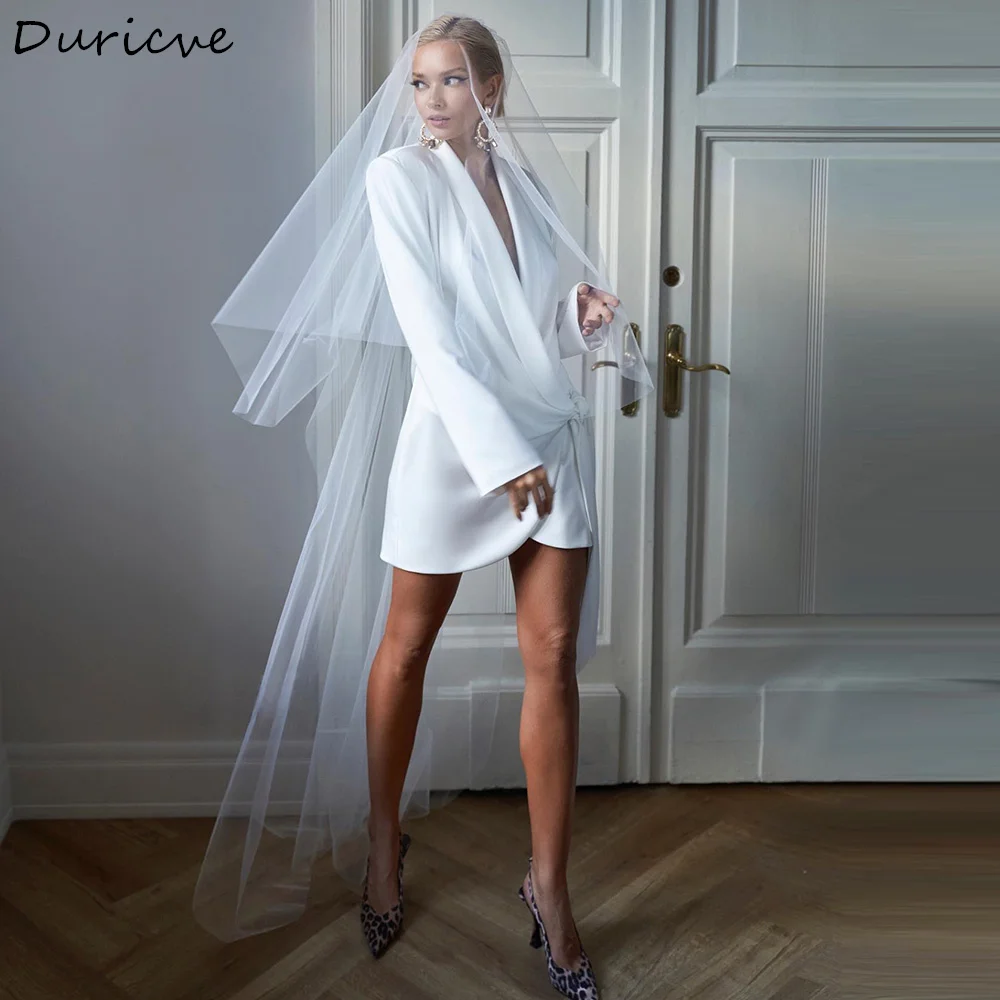 Duricve Customized Mini Satin Wedding Dresses V-Neck Long Sleeves Short Civil Bridal Gowns After Party Dress Vestido De Noiva