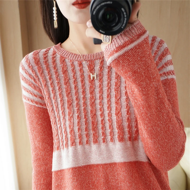 Hot Sale New Autumn Winter 100% Pure Cotton Sweater Women O-neck Pullover Contrast Vertical Stripe Loose Casual Knit Base Tops