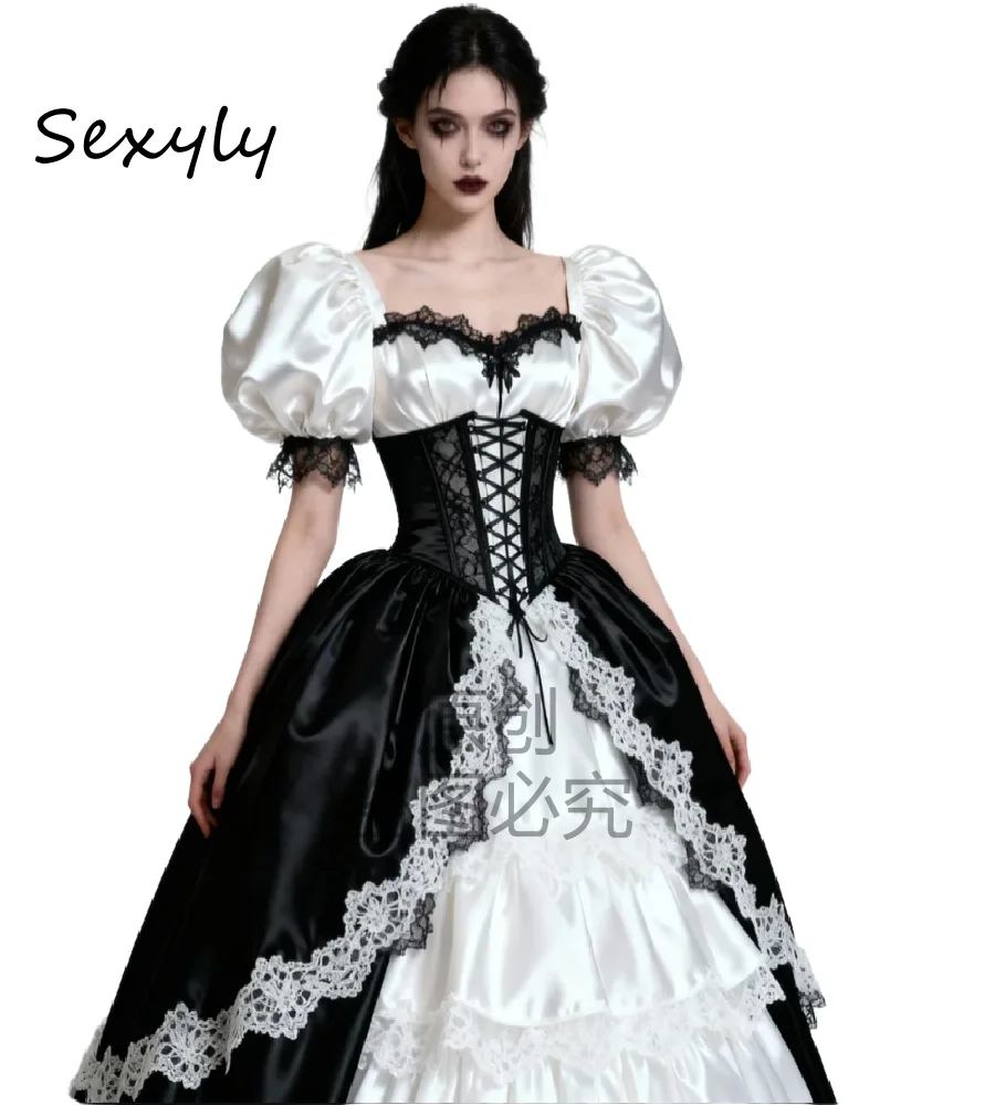 Suknia ślubna w stylu gotyckim z motywem wampira 2026, bufiaste rękawy, czarno-biała, średniowieczna suknia ślubna, koronkowy gorset, wiktoriańska, w stylu czarownicy, Celtio
