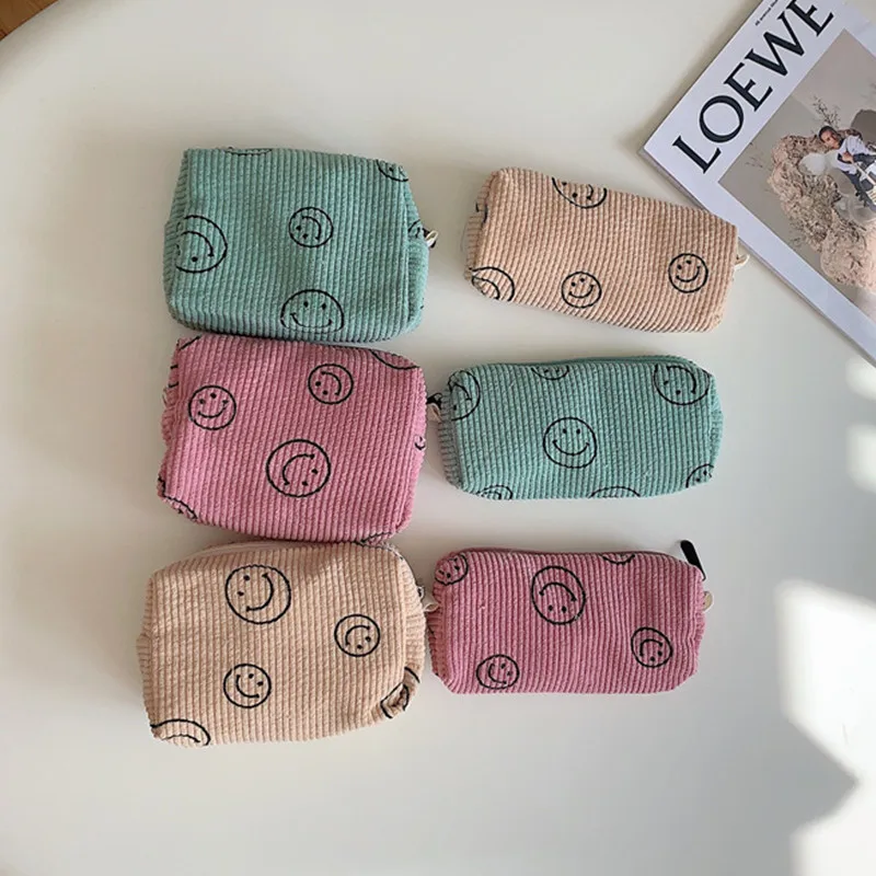 Cute Smile Corduroy Travel Cosmetic Lipstick Purse Storage Bag Kawaii Makeup Handbags Organizer Wallet Pouch Pencil Case Pen Bag