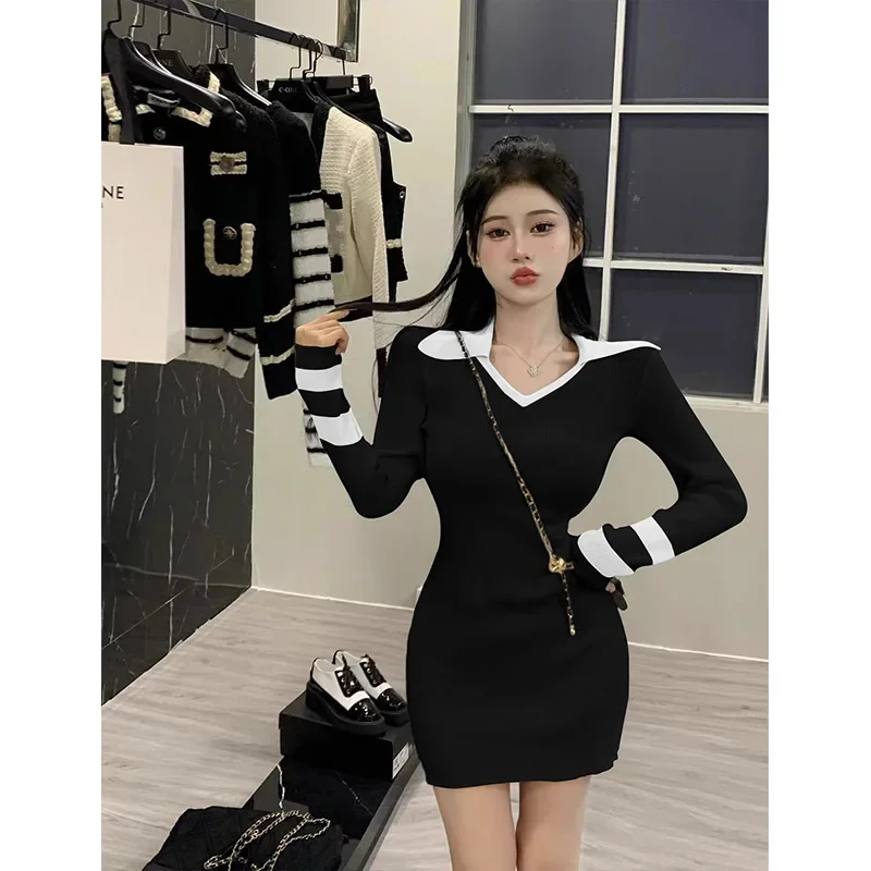 Autumn Winter Fashion Temperament Elastic Slim Knitted Pullover Dresses Women Clothing Vintage Chic Striped Mini Dress