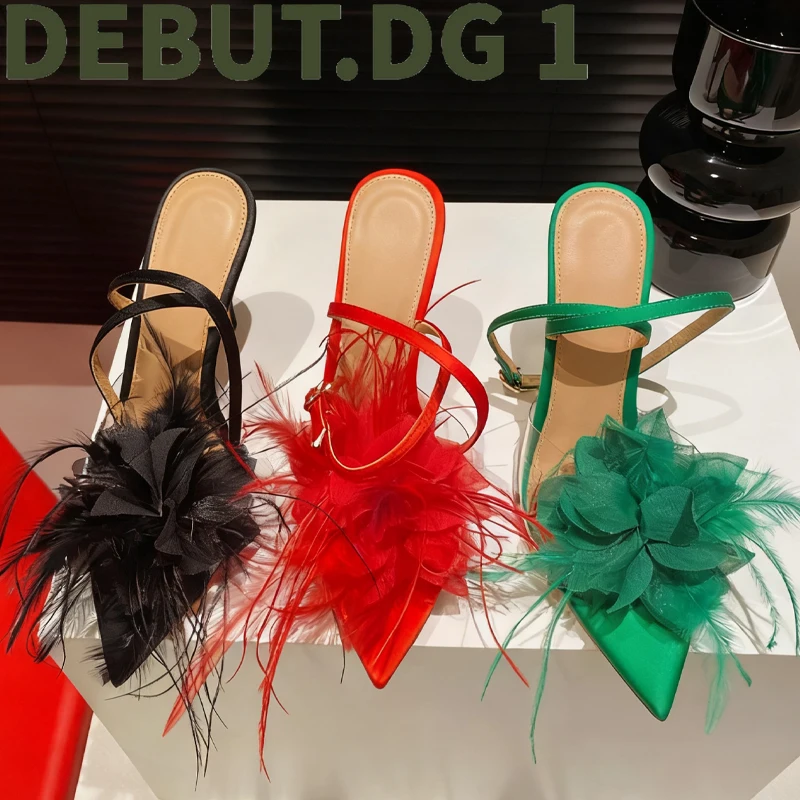 Feather Trimmed High Heel Sandals Elegant Design Breathable Lambskin Lining Comfortable 10.5CM Heel Women's Shoes