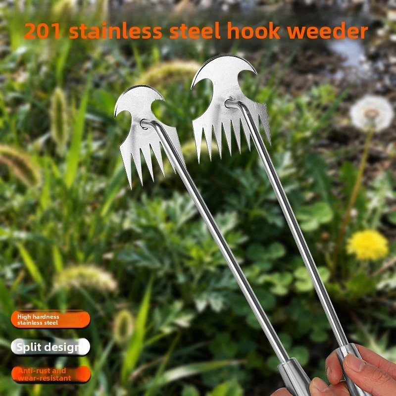 Multifunctional stainless steel weeding rake, specialized tool for uprooting weeds, loosening soil, and digging wild vegetables,