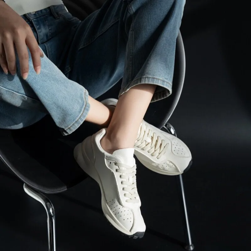 

New Luxury Thick Bottom Heightening Training Shoes Women Casual Lace Up Breathable Flats Female Genuine Leather Sneakers White