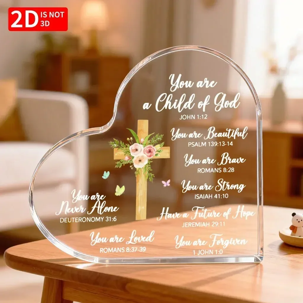Heart Acrylic Plaque With Wooden Cross Floral Bible Verses Christian Inspirational Desktop Decor