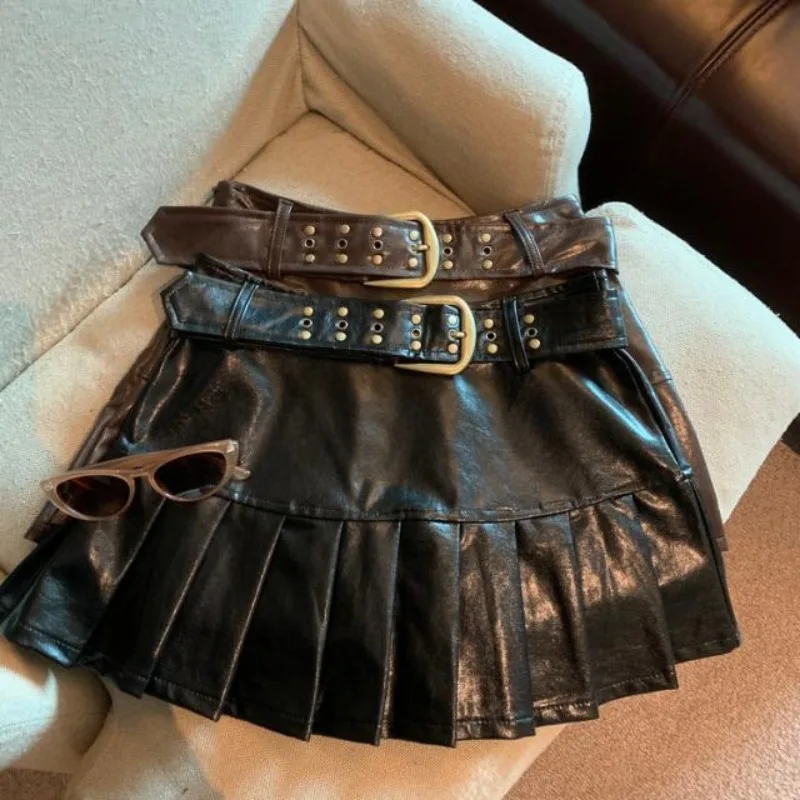 Women's Pleated Pu Leather Skirt Design A Word Mini Skirt Korean Fashion Clothing