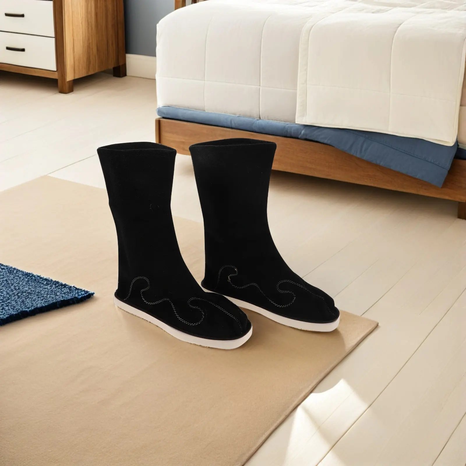 

1Pair Chinese Hanfu Boots Men Ancient Tradition Embroidered Black Size 40 Mid-Calf Kung Fu Tai Chi Cosplay Shoes Traditional