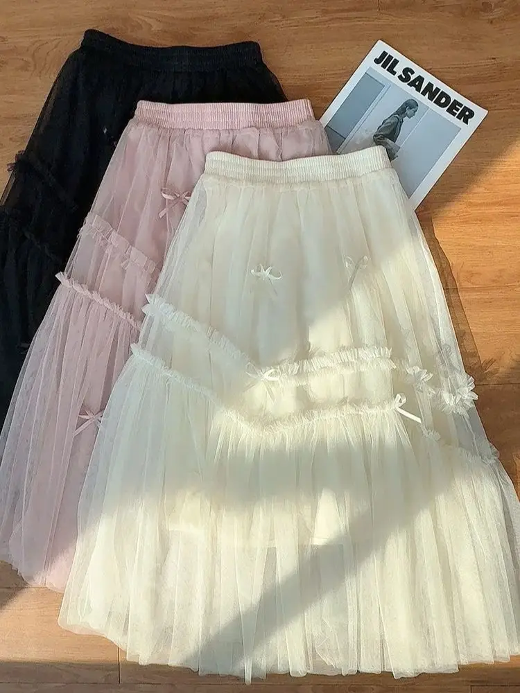 

Women Casual Tulle Skirts With Bow Mid-Long Length Tutu Fairy Tiered Skirt A Line Mesh Elastic Natural Waist Skirts Dating Gifts