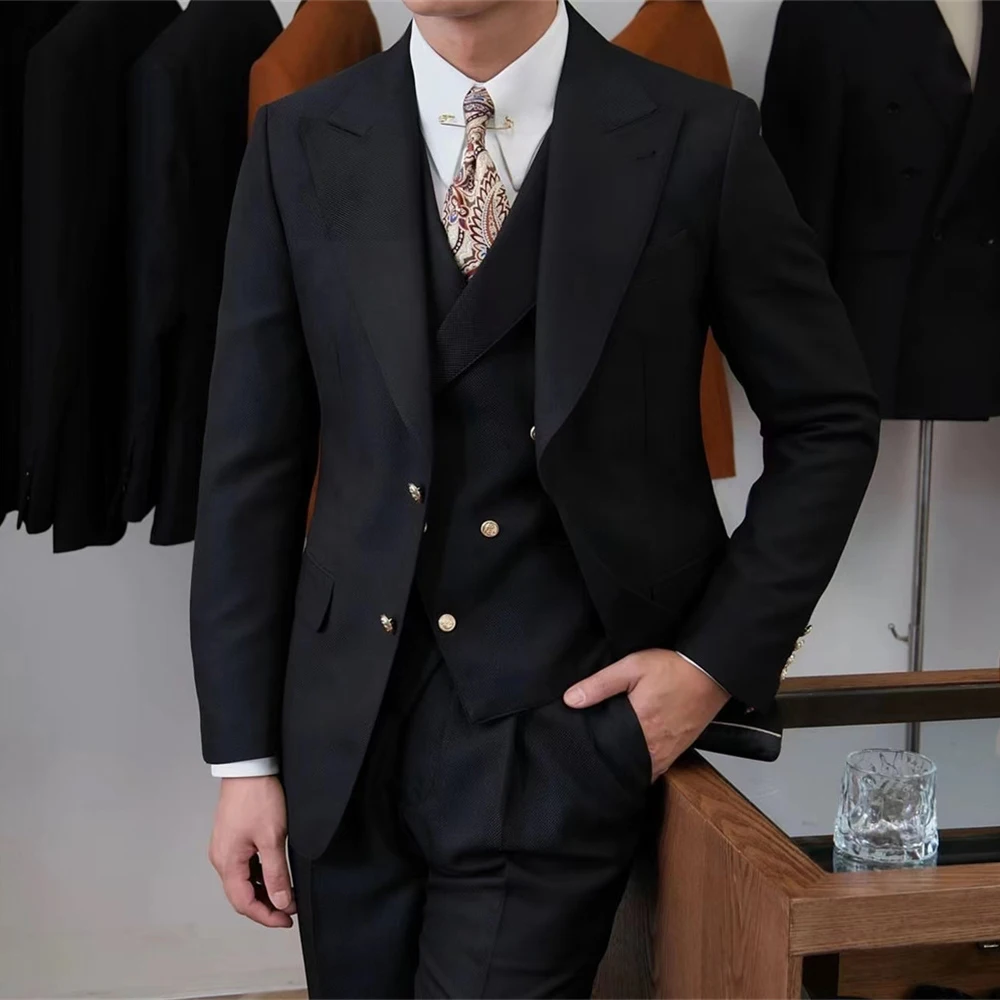 

Elegent Navy Blue Mens Suit Formal Business Blazer Wedding Groom Tuxedo Daily Slim Fit 3 Piece Jacket Vest Pants Terno Masculino