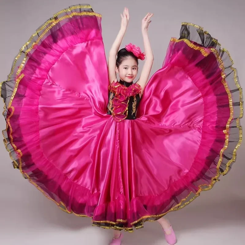 Girls Spanish Flamenco Dance Dress 360/540/720 Degree Big Swing Carnival Party Dress Performance Dance Costume