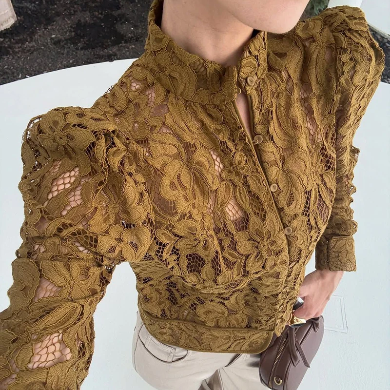 Spitze Bestickt Langarm frauen T-shirt Herbst Neue Langarm Pendler Top Tees Sexy Perspektive Nachtclub Party Blusen