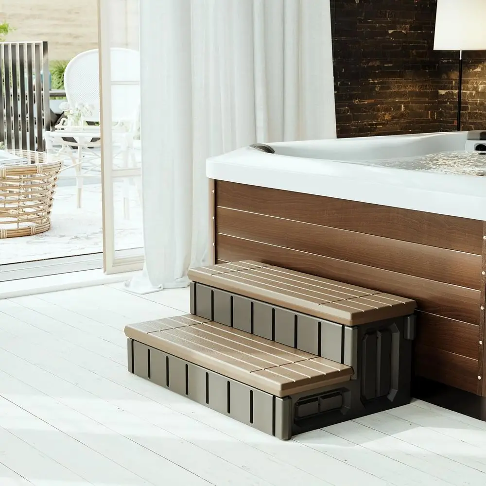 Outdoor Spa Steps with Storage, Non-Slip 36 Black/Brown, 2-Step Hot Tub Accessory