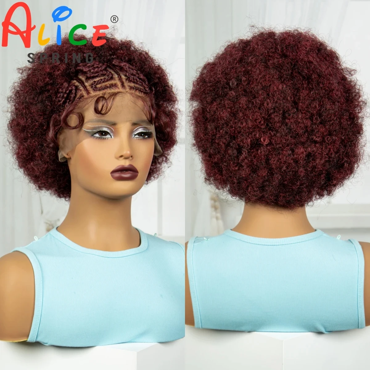 Burgundy Afro Curly Synthetic Lace Front Braided Wig With Baby Hair 13x6 Transparent Short Curly Braided Lace Wig For Black Wome