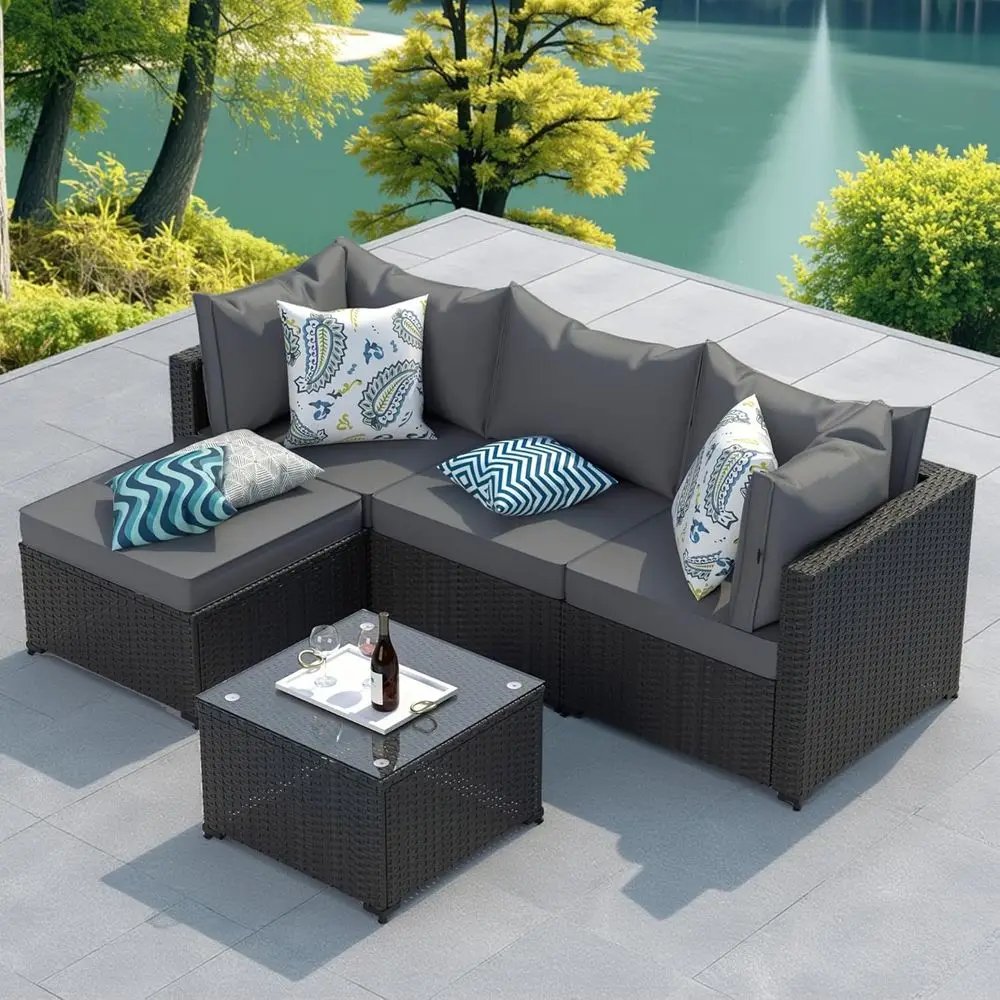 

Комплект садовой мебели из 5 предметов из искусственного ротанга с подушками для сада, зоны у бассейна, балкона (серый)