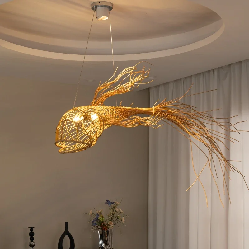 Chandelier Hotel Lobby Catering Hotel Commercial Exhibition Hall Hand-woven rattan fish lamps
