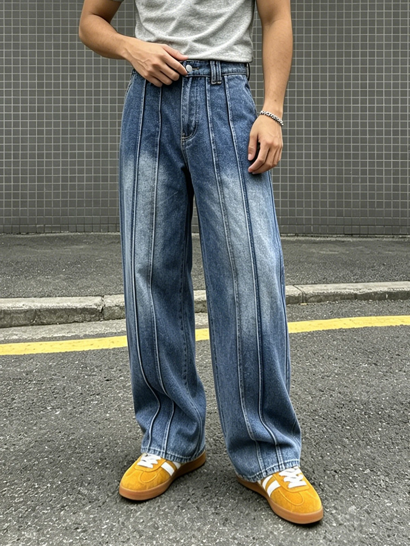 Men's vintage Washed Wide-Leg Jeans, Vertical Stripes, High-Waist Drape, Floor-Length Trousers, Outdoor Casual and Versatile
