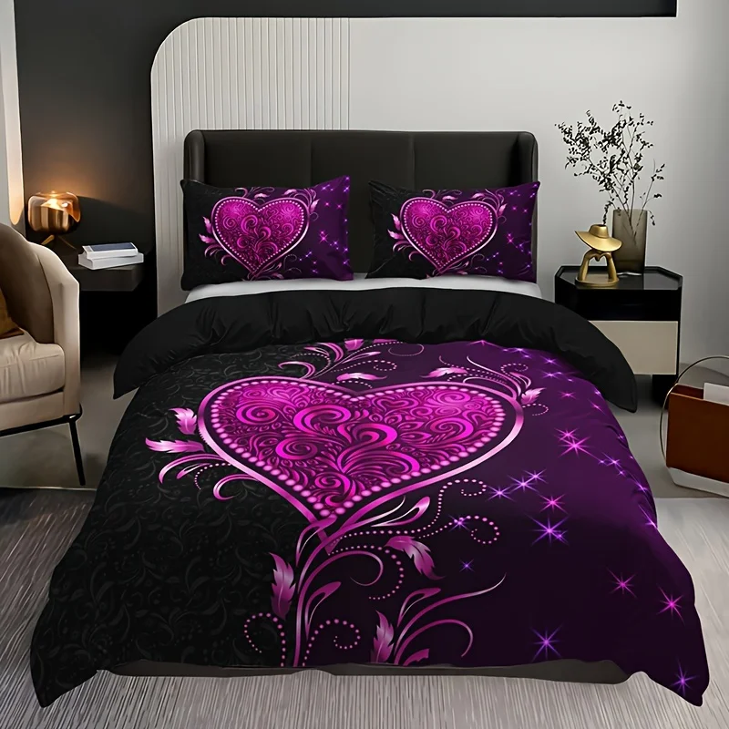 3pcs Purple Heart Rose Floral Print Duvet Cover Set - 1 Duvet Cover 2 Pillowcases, Breathable Polyester Perfect For All Seasons