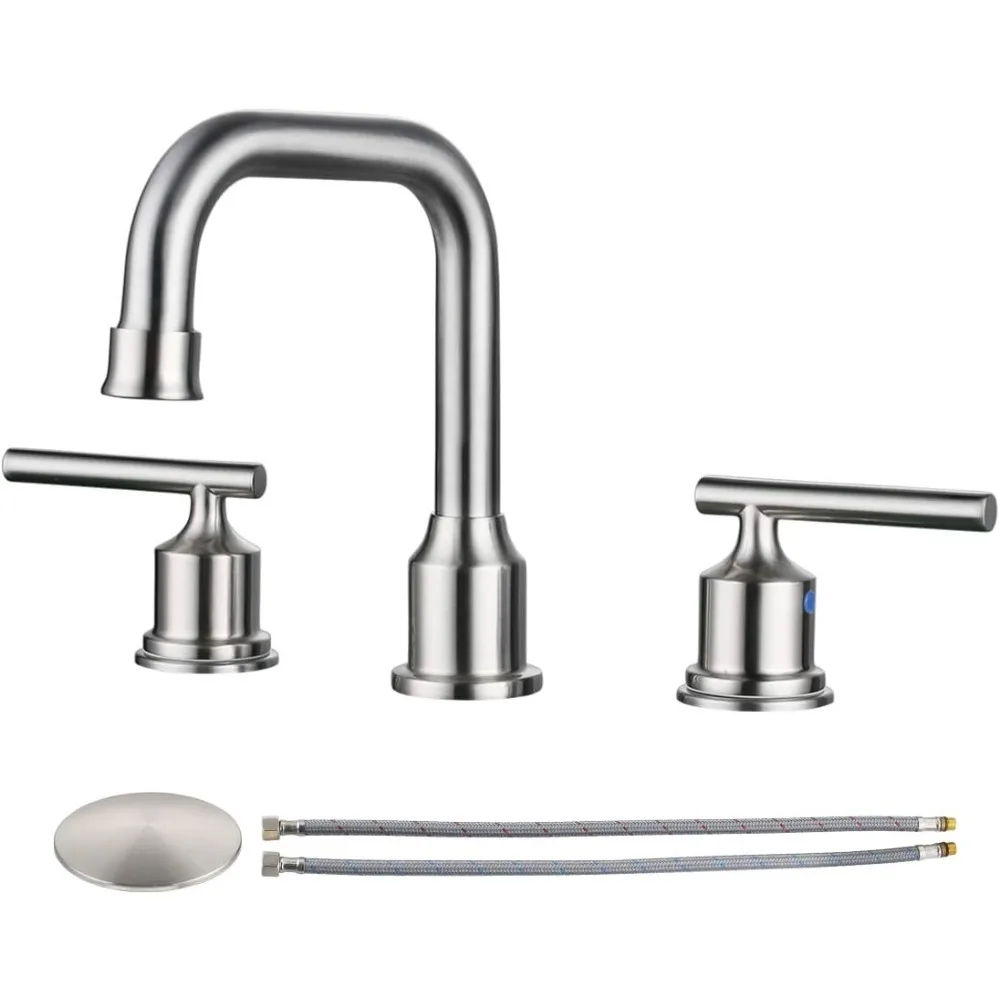 

Modern 8 Inch Widespread High Arc Bathroom Faucet in Brushed Nickel with 360° Swivel Spout and 3 Hole Lavatory Sink Fixture