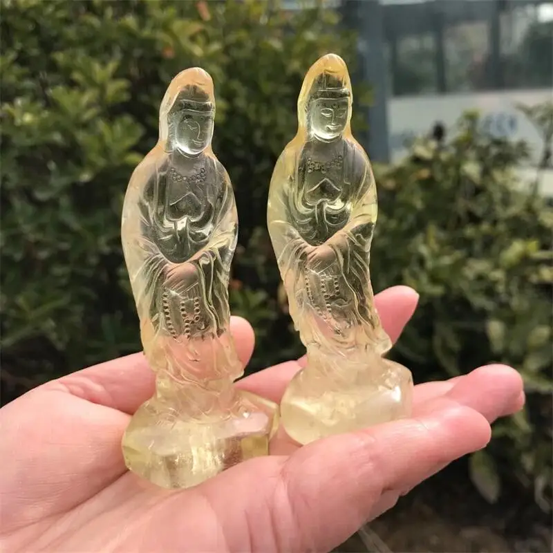 Natural Citrine Buddism Godness Guanyin Crystal Carving Healing Feng Shui Home Decoration Healing Holiday Gift 1pcs