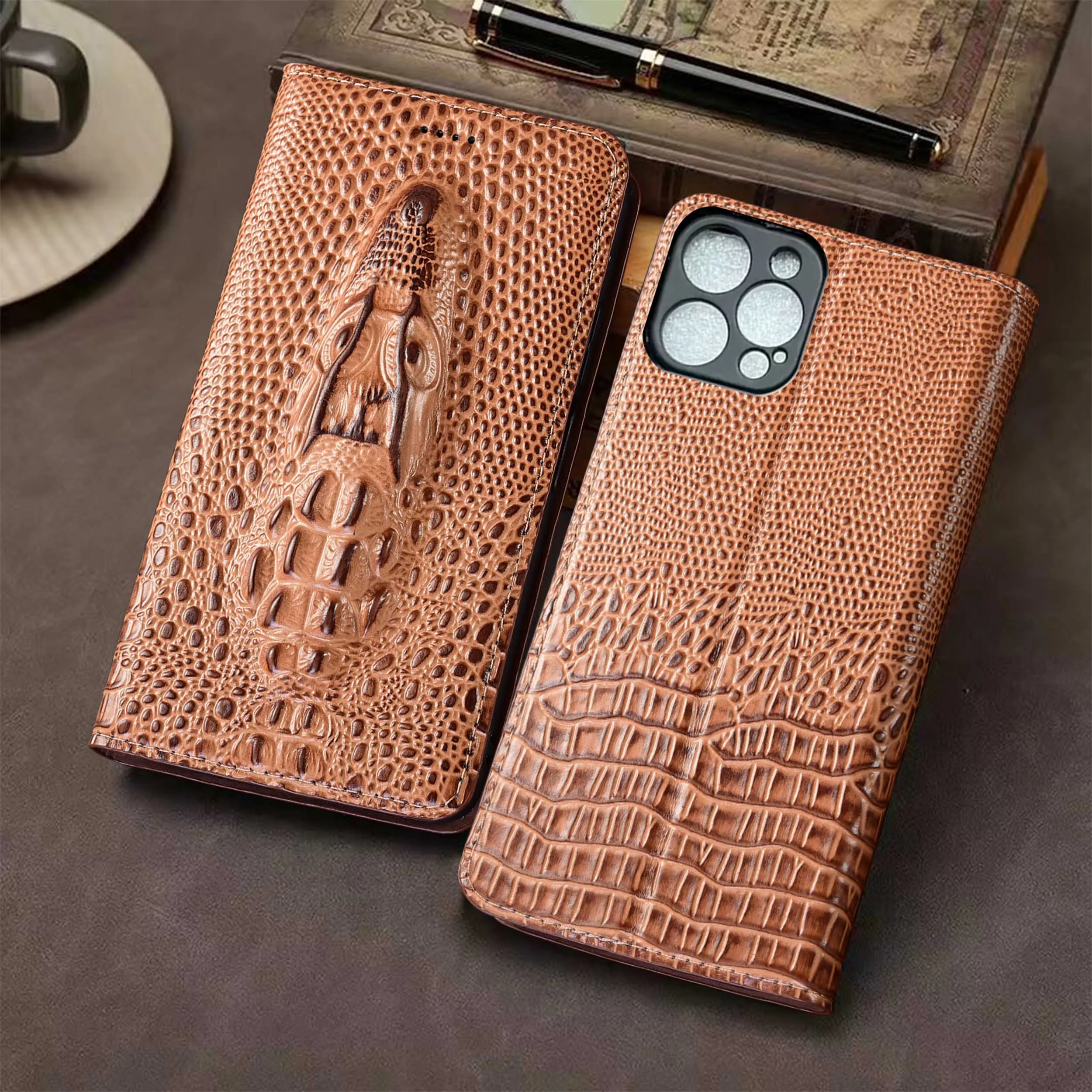 

For Apple iphone 11 12 13 14 15 16 16e 17 Pro Max Plus Air Mini Crocodile Head Pattern Genuine Leather Flip Cover Case Cowhide