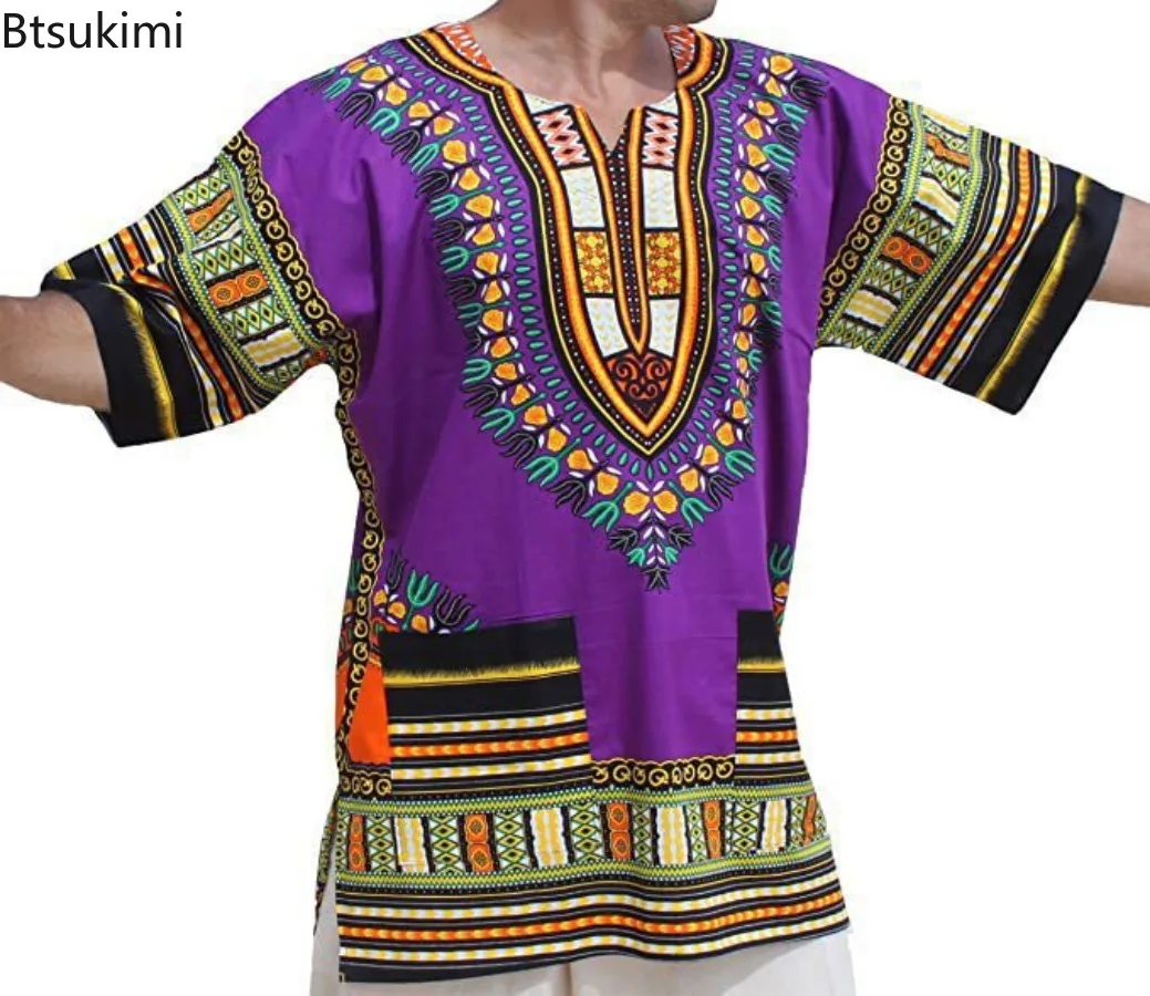 New 2024 Men\'s Summer Casual Short Sleeve Tops Shirt Fashion Design African Traditional Print Cotton Dashiki Shirt for Male 6XL