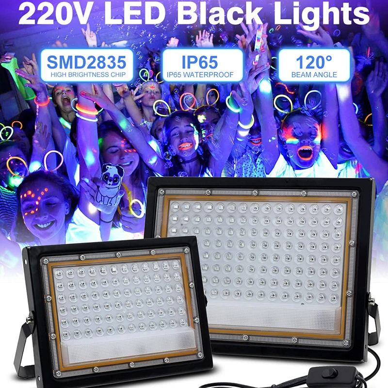 

УФ-светодиодный прожектор 50 Вт 100 Вт AC220V Внутренний уличный прожектор 395 нм Ультрафиолетовые люминесцентные сценические лампы Вечерние прожекторы для вечеринок