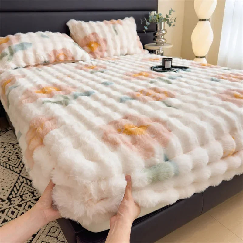 thickened rabbit plush mattress single piece winter warm plush sheet cover all-inclusive mattress protective cover