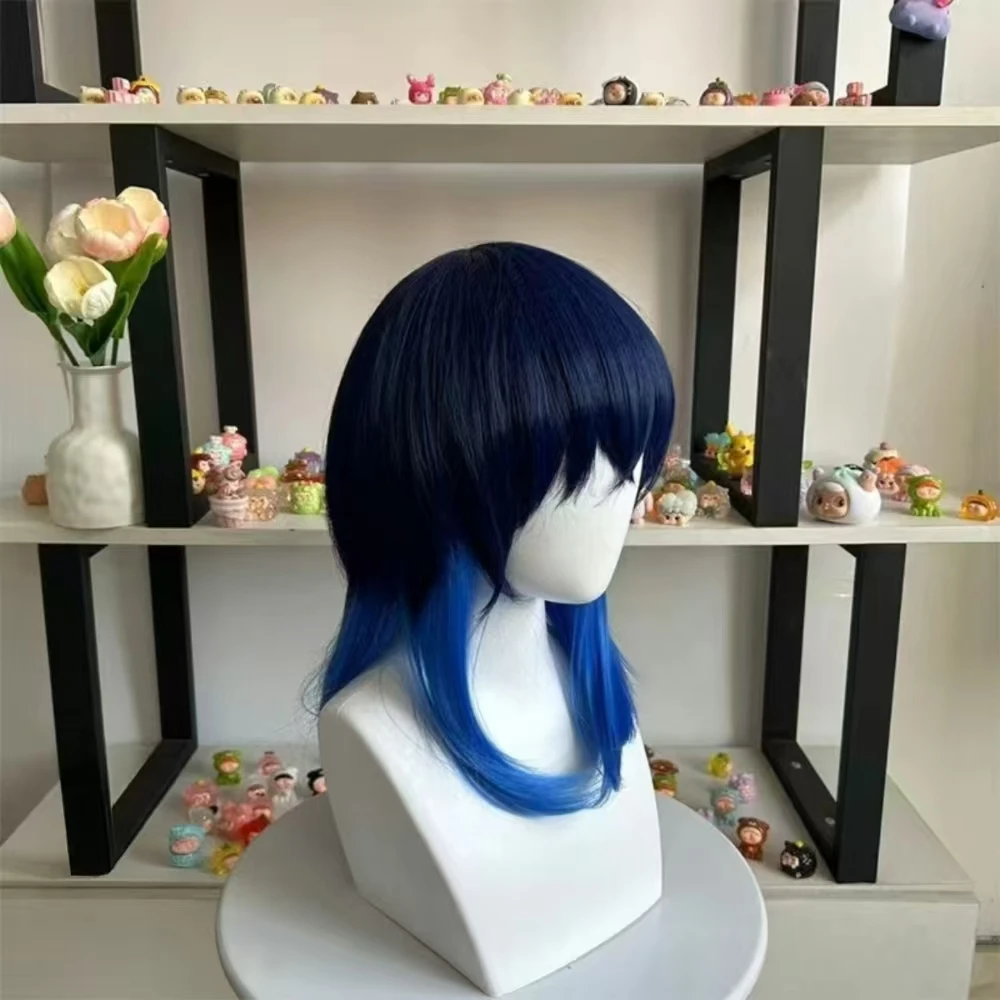 Anime Inosuke Hashibira Cosplay Wig Mixed Blue Short Hair Heat Resistant Synthetic Fiber Wig With Rose Net Halloween Party Wig