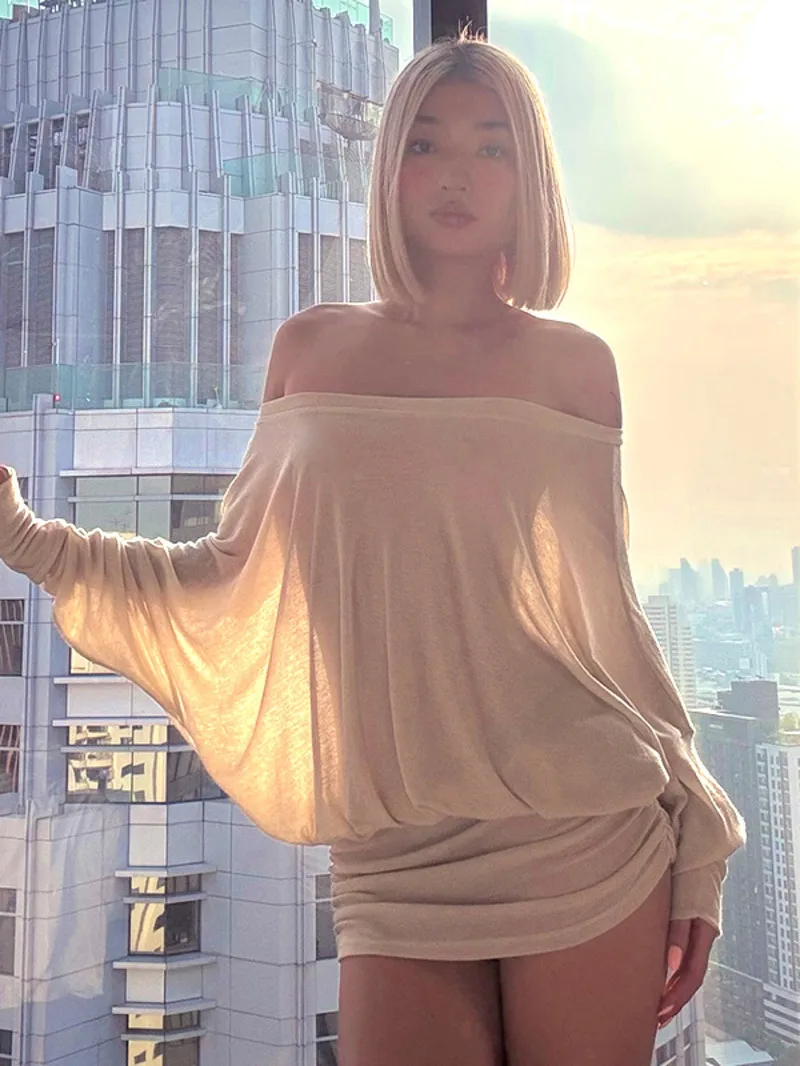 ルーズカジュアル薄手Tシャツミニドレス レディース 長袖 ボートネック オフショルダー ブラウス ドレス ホットセクシー 韓国風トップス PSZ8