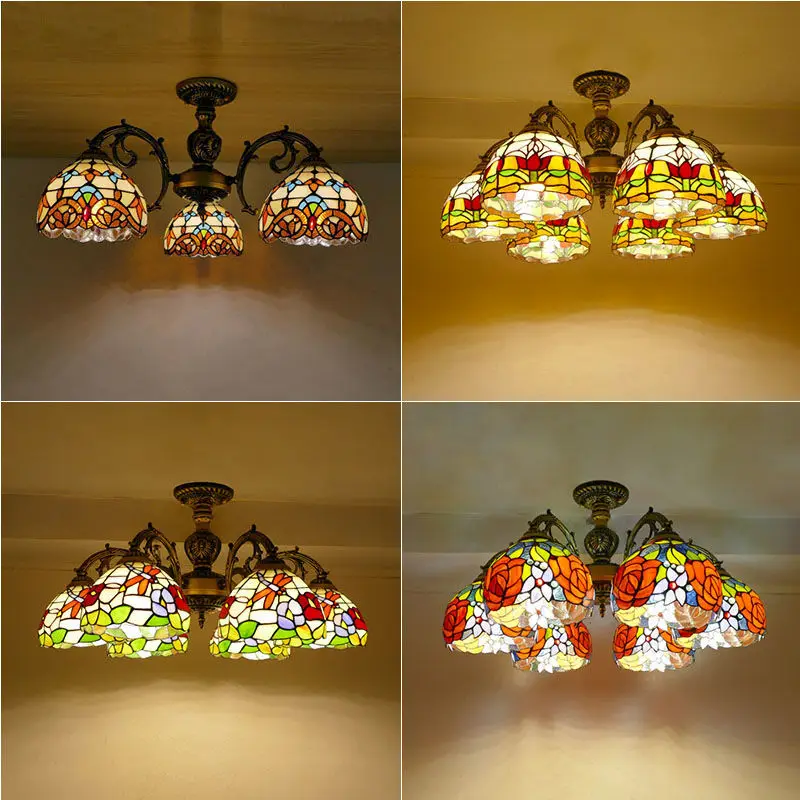

Tiffany Glass Stained Retro ceiling light rural iron art multi head ceiling lamp for living bedroom restaurant