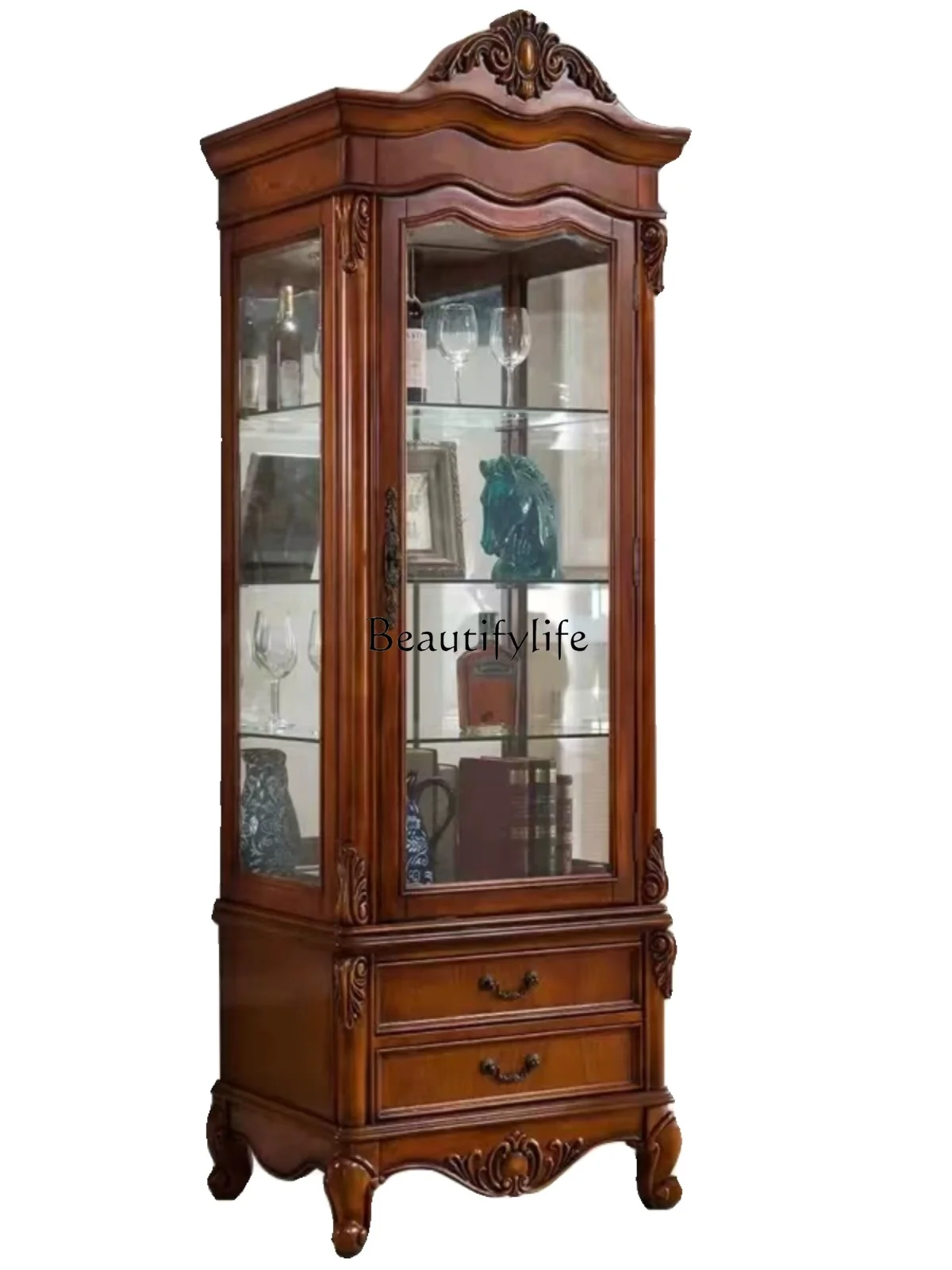 

American-Style Solid Wood Single and Double Door Wine Cabinet Wall Storage Living Room Decoration Display Cabinet Made of Glass