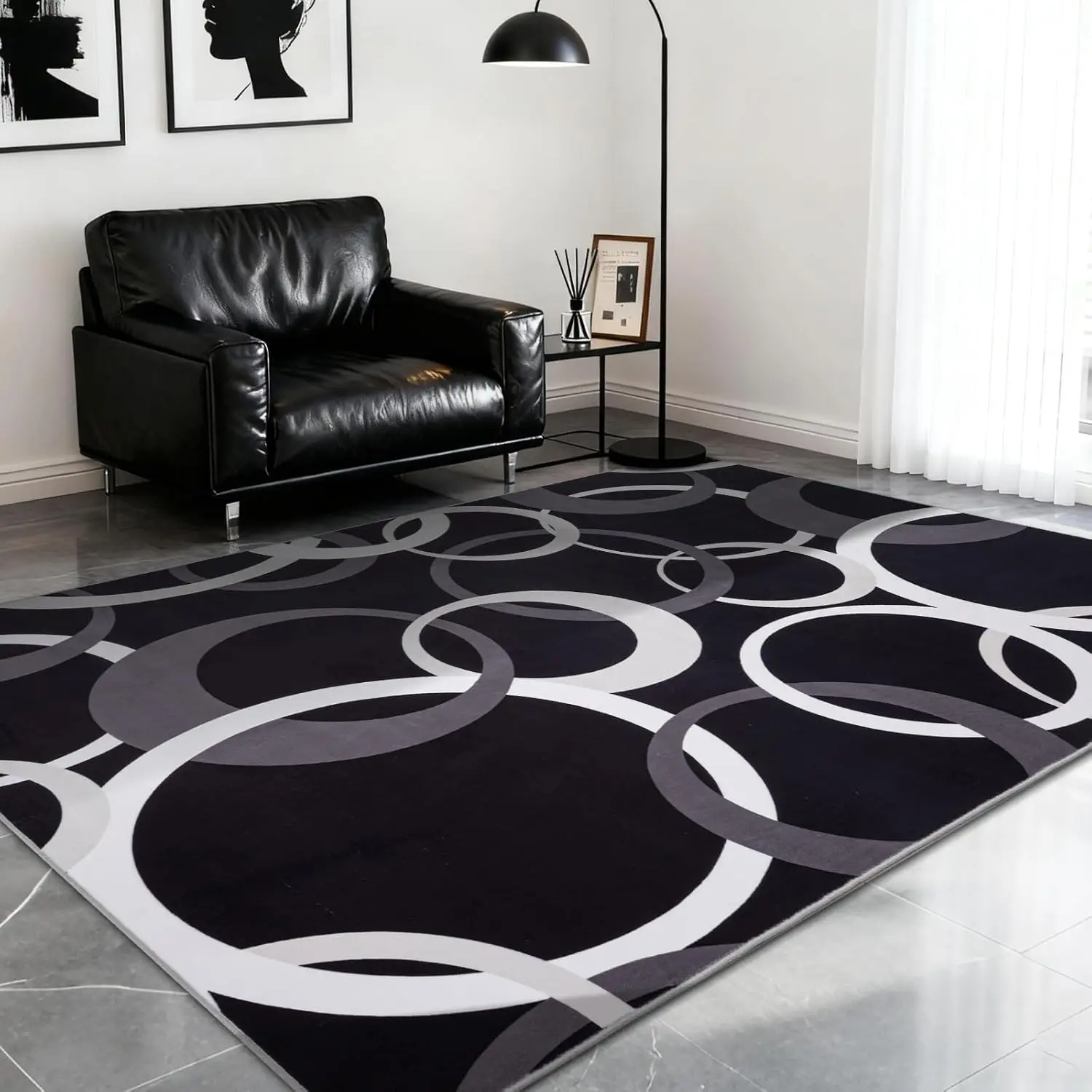 1pc 2D Flat Black White Grey Interlocking Circles Printed Floor Mat, Decorative Rug for Living Room, Bedroom, Office, Home Decor