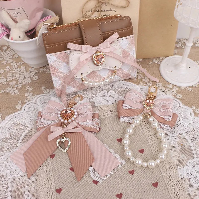 

Japanese Handmade Sweet Cute Lolita Pink Coffee Bow Rhinestone Beaded Pendant Wallet Girls Short Folding Multi-card Position