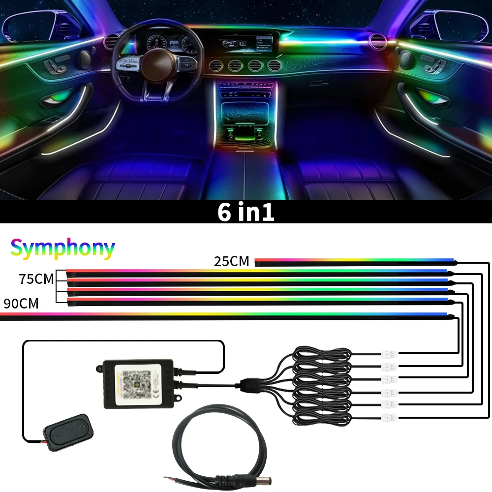 Symphony Car Ambient Lights Kit 18 in 1 LED Interior RGB APP Control Acrylic Guide Strip Light Auto Atmosphere Lamp image 3