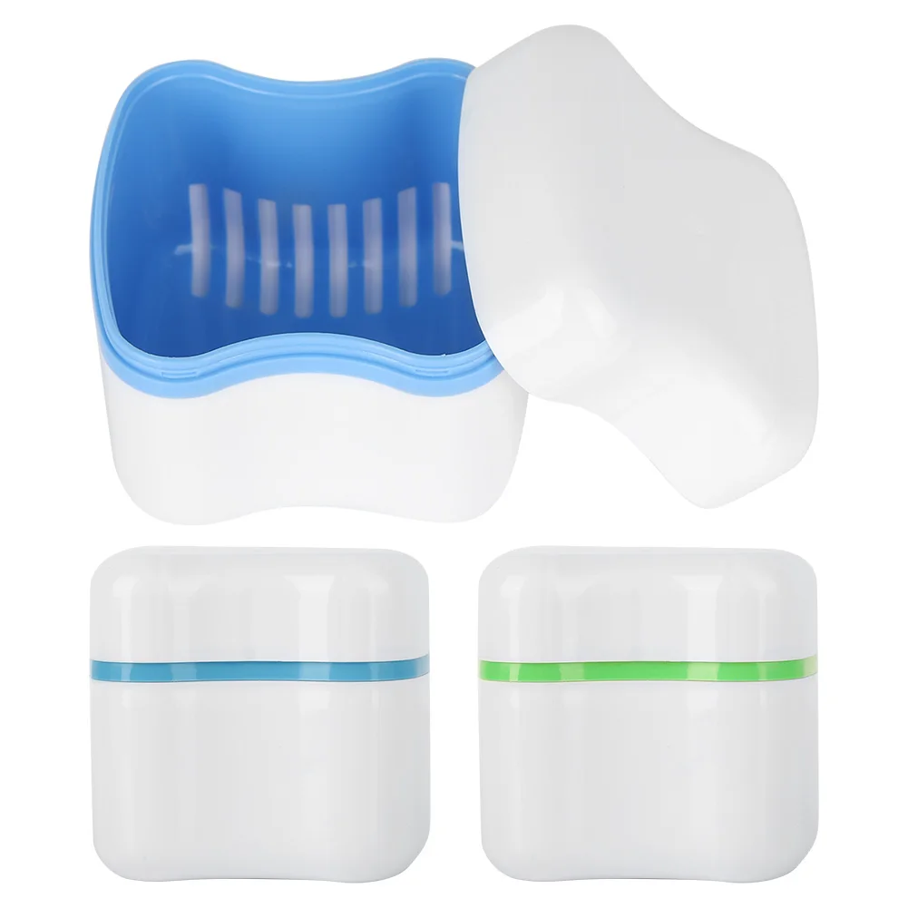 Portable Small Water-Resistant Denture False Teeth Store Cleaning Storage Case With Filter Screen Container Dental Appliance Box