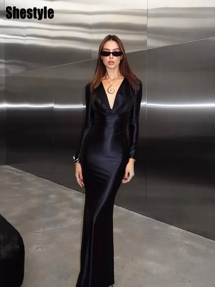 Shestyle Abito lungo con colletto oscillante da donna, manica lunga, elegante, grazioso, solido, scollo a V, materiale lucido, abiti Lady Chic