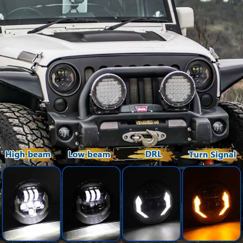 POVTOR 2PCS 7 Inch Led Headlight with White DRL Amber Turn Signal Hi/Lo Beam Round Headlights for Jeep Wrangler JK JKU TJ CJ LJ