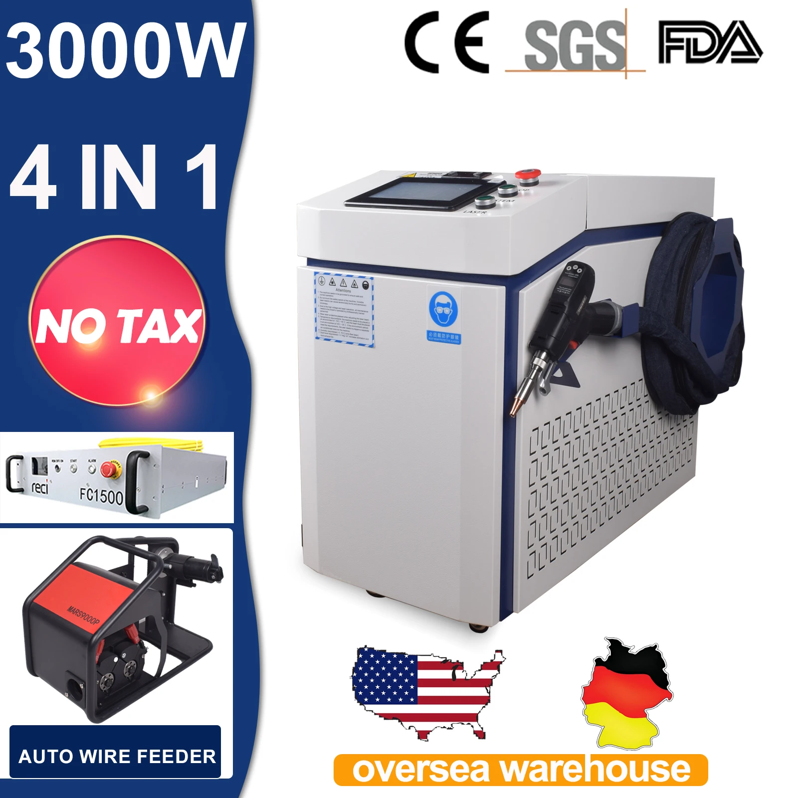 Handheld 3000W Laser Welding Machine 4 IN 1 Welder 3000W RECI Laser Source 380V 3-Phase for Metal Welding Cleaning Cutting