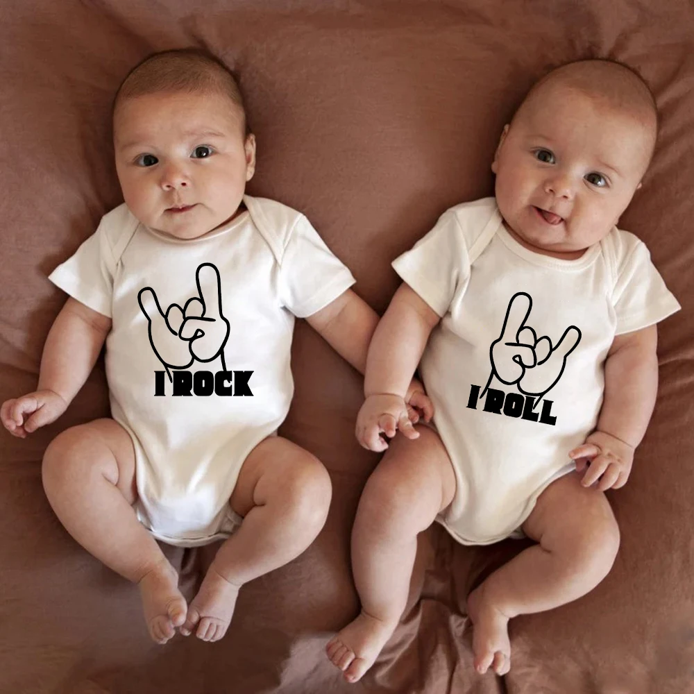 I Rock I Roll Cute Twin Baby Boy Clothes Fashion Funny Newborn Onesies Pajamas Summer Home Casual Toddler Outfits Cotton Romper